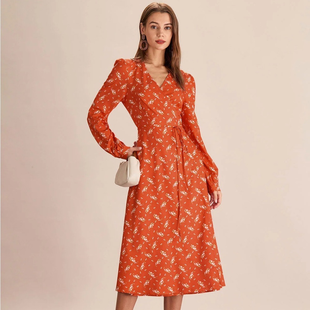 RIHOAS Orange Floral Wrap Midi Dress M